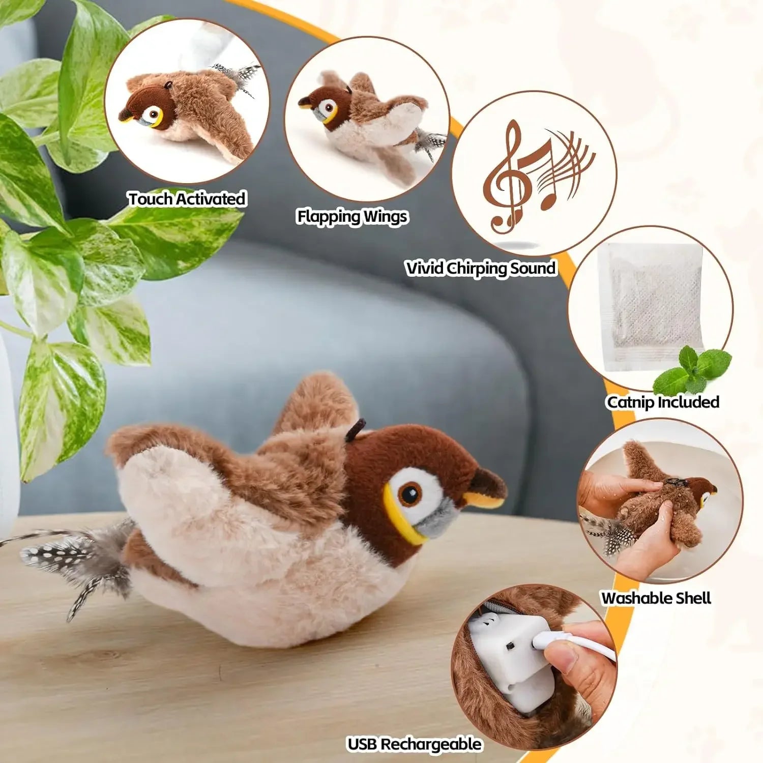 ChirpyBuddy Cat Toy: Rechargeable Chirping & Flapping Plush with Catnip